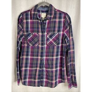 G.H. Bass Flannel Button-Up Shirt Womens Sz S Navy/Pink Plaid Long Sleeve Cotton
